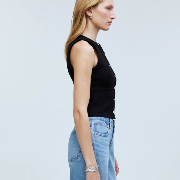 Madewell Split-Crewneck Cardigan Tank in True Black Textured Cotton-Blend Ribbed - Picture 3 of 12